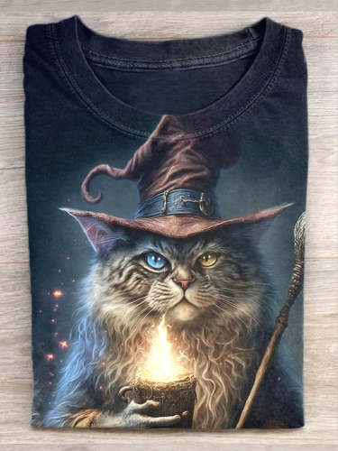 Unisex Wizard Kitten Print Casual Short Sleeve T-Shirt
