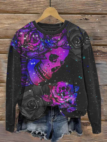 Retro Dark Beautiful Gothic Print Fashionable Round Neck Pullover Long Sleeve Top