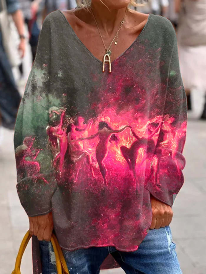 Women's Fire Dance Art Illustration Printed V-Neck Long Sleeve T-Shirt