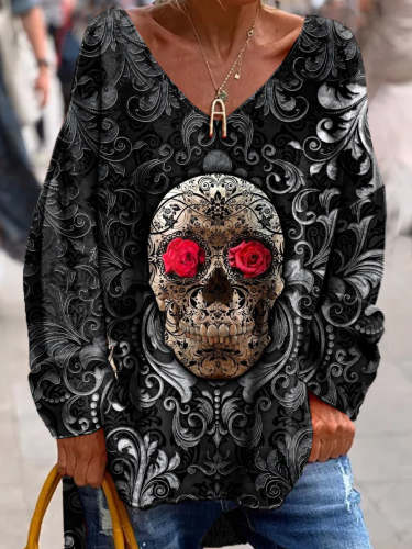 Retro Punk Skull Art V-Neck Pullover Long-Sleeved Top