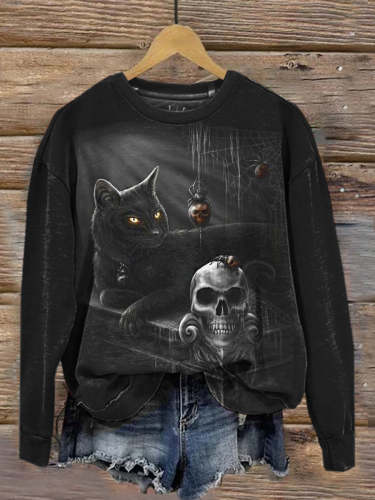 Retro Dark Beautiful Gothic Print Fashionable Round Neck Pullover Long Sleeve Top