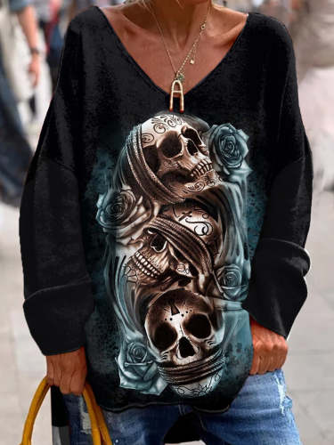 Retro Punk Dark Skull Art Print Fashion V-Neck Long-Sleeved Top