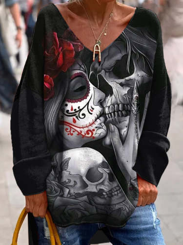 Retro Punk Dark Skull Girl Art Print Fashionable V-Neck Long-Sleeved Top