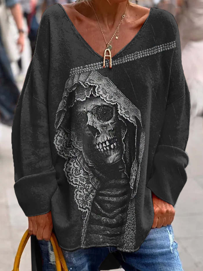 Retro Dark Beautiful Gothic Print Fashionable V-Neck Pullover Long Sleeve Top