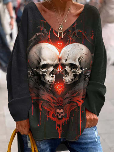 Retro Punk Dark Skull Art Print Fashionable V-Neck Pullover Long-Sleeved Top