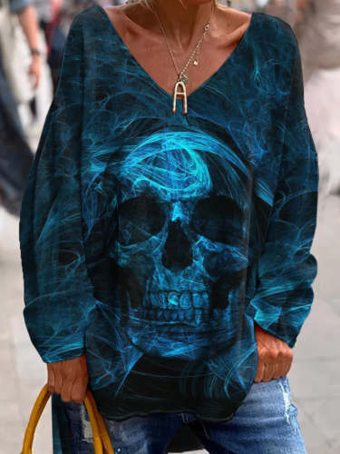 Retro Punk Dark Skull Art Print Fashionable V-Neck Pullover Long-Sleeved Top