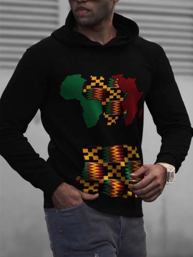 Men's Africa Map Graphic Kente Inspired Print Casual Hoodie