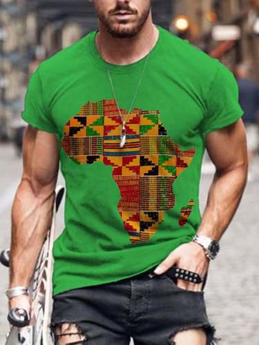 Men's Africa Maps Ethnic Kente Rasta Pattern Printed Short Sleeve T-Shirt