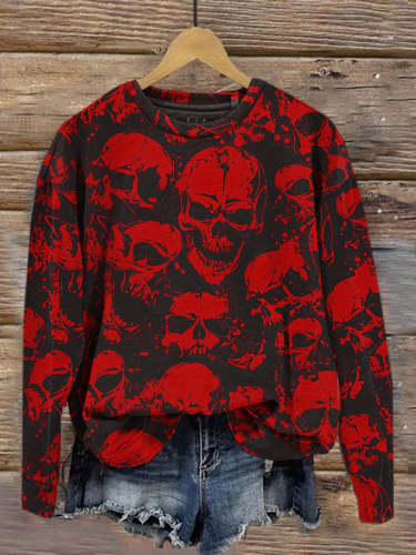 Retro Punk Dark Skull Art Print Fashionable Round Neck Pullover Long-Sleeved Top