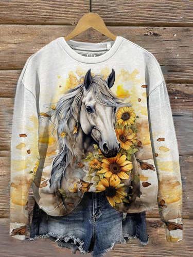 Retro Horse Art Print Fashionable Round Neck Pullover Long Sleeve Top