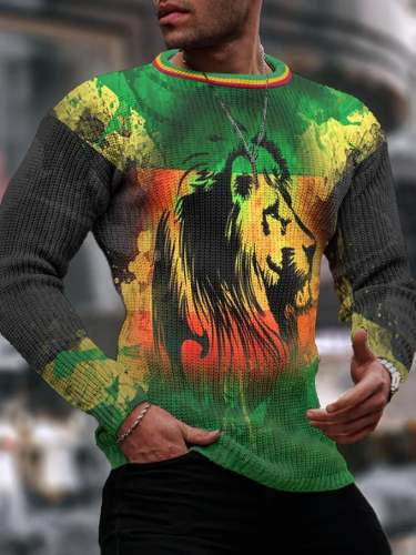 Men's Lion Rastafari Black History Month Print Long Sleeve T-Shirt