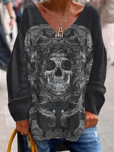Retro Dark Beautiful Gothic Print Fashionable V-Neck Pullover Long Sleeve Top