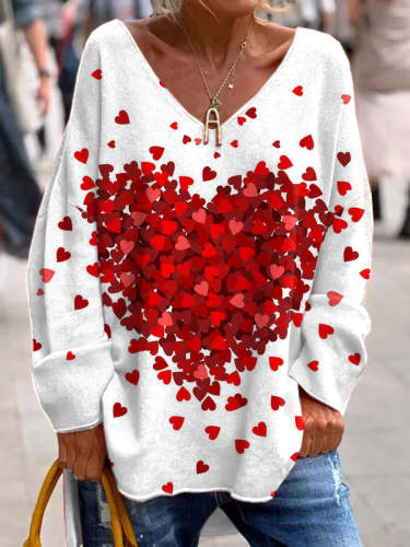 Valentine's Day Heart Print V-Neck Long Sleeve Top