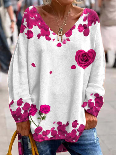 Valentine's Day Rose Pattern Printed V-Neck Long-Sleeved Top