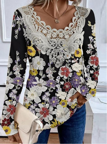 Women's Casual Lace Floral Print Long Sleeve Top