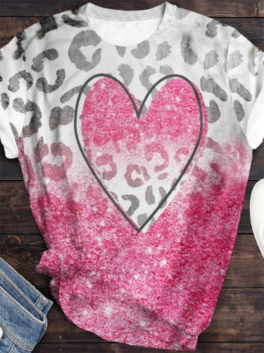 Pink Leopard Heart Print Short Sleeve Top