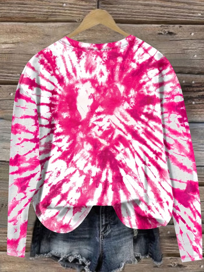 Vintage Pink Tie-Dye Heart Print Crew Neck Sweatshirt