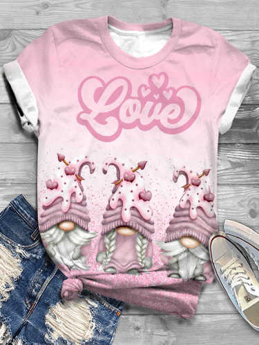 Pink Valentines Day Gnome Print Crew Neck T-Shirt