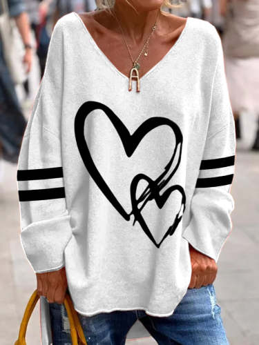 Women's Valentine's Day Heart Pattern Printed Casual V-Neck Long Sleeve T-Shirt