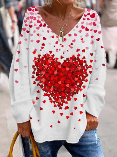 Valentine's Day Heart Print V-Neck Long Sleeve Top