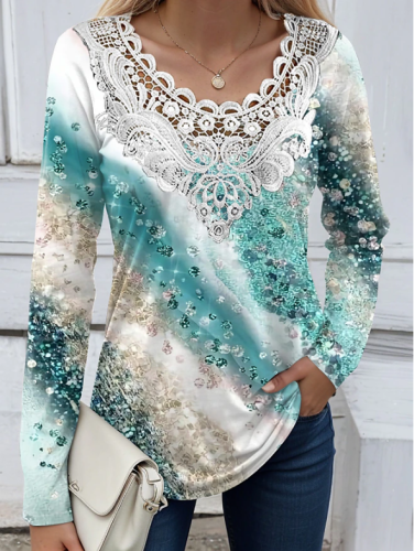 Women's Casual Lace Abstract Graphic Print Long Sleeve Top