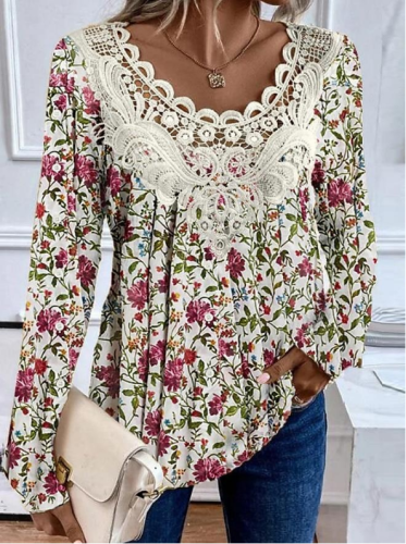 Women's Casual Lace Floral Print Long Sleeve Top