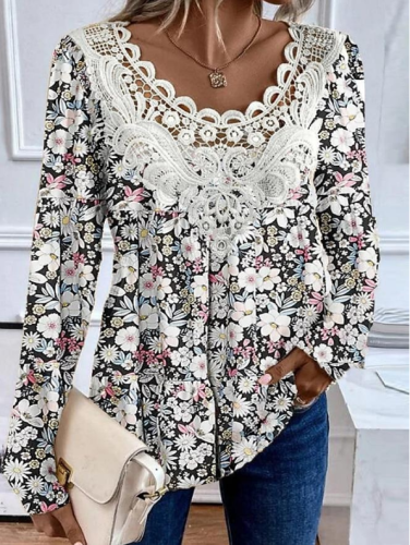 Women's Casual Lace Floral Print Long Sleeve Top