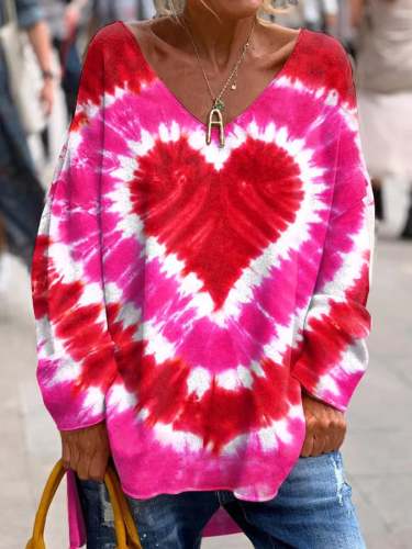 Women's Valentine's Day Tie-dye Heart Print V-Neck Long Sleeve Top