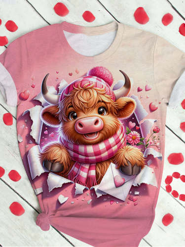 Cute Highland Cow Valentine Print Crew Neck T-shirt