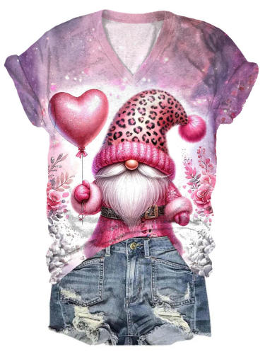 Pink Leopard Gnome V-Neck T-Shirt
