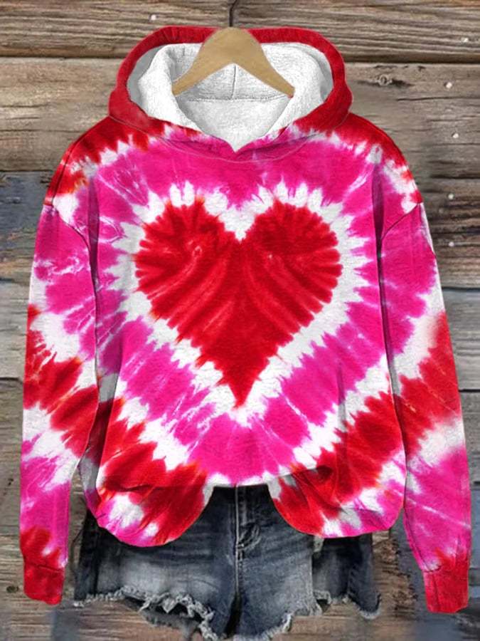 Women's Valentine's Day Tie Dye Heart Print Hooded Sweatshirt ​