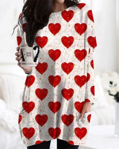 Retro Valentine's Day Heart Print Long Sleeve Midi Top