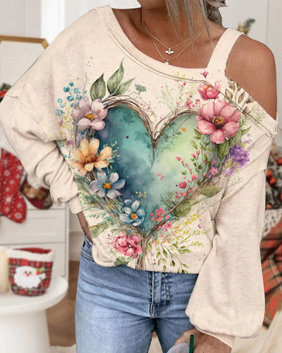 Retro Chic Valentine's Day Floral Heart-shaped Printed Off-shoulder Top