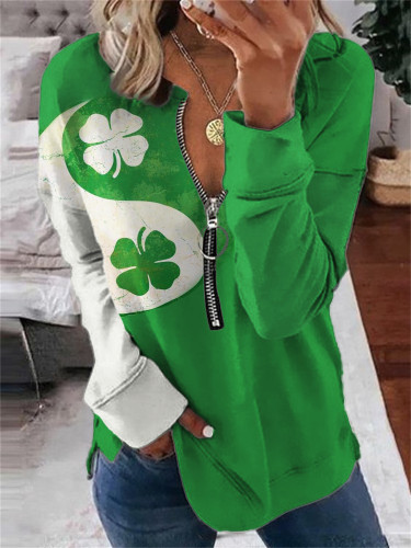 St. Patrick's Day Shamrock Contrast Zip Up Sweatshirt