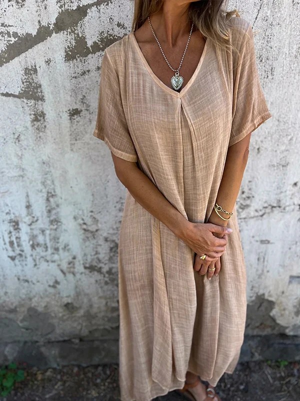 Cotton and Linen V-neck Midi Dress