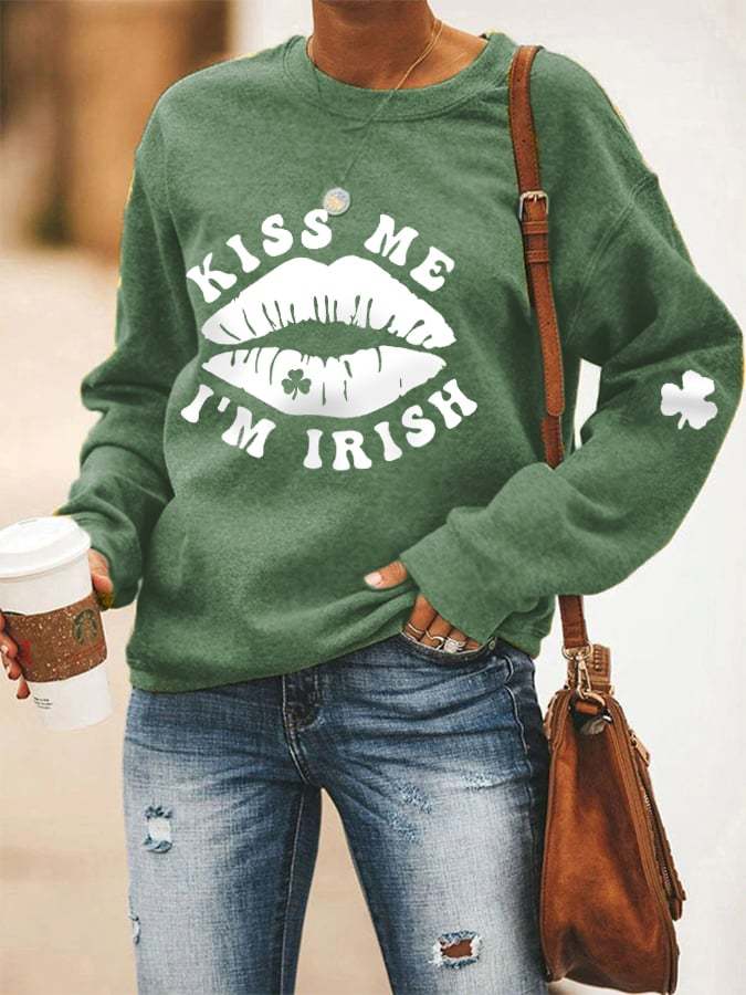 Women's St. Patrick's Day Kiss Me I'm Irish Shamrock Casual Sweatshirt