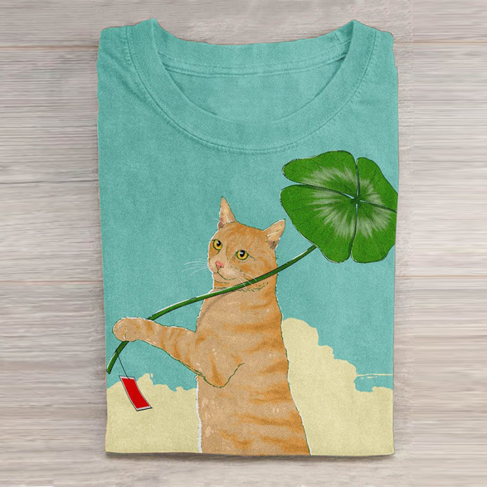 Funny Cute Cat St. Patrick Day Four Leaf Clover Animal Art Print Design T Shirt