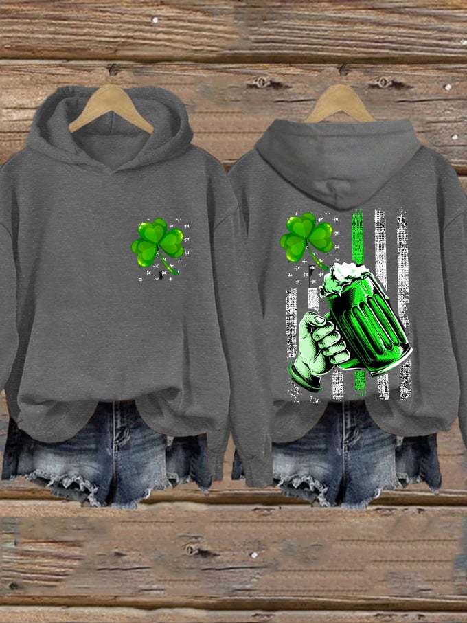 Women's St. Patrick's Clover Flag Printed Hooded Sweatshirt