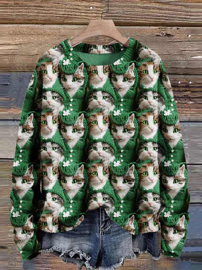 St. Patrick's Day Cat Art Print Knit Pullover Sweater