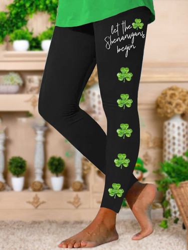 St. Patrick's Day Let The Shenanigans Begin Shamrock Print Stretch Leggings