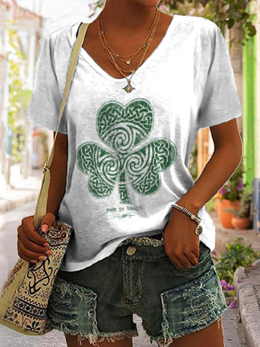 Women'S St. Patrick'S Day Clover Print V neck T-shirt