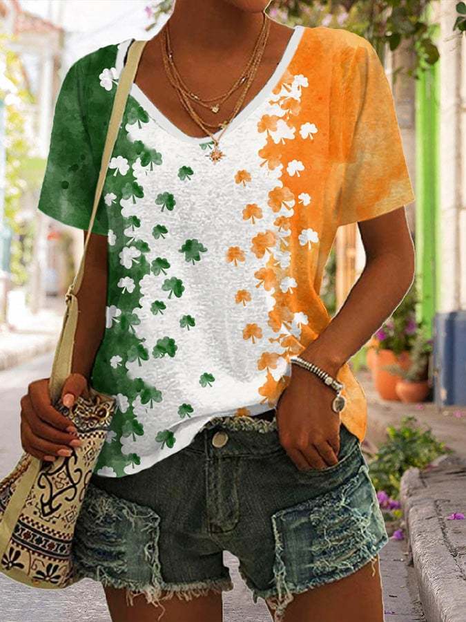 Women's St. Patricks Day Print V Neck T-shirt