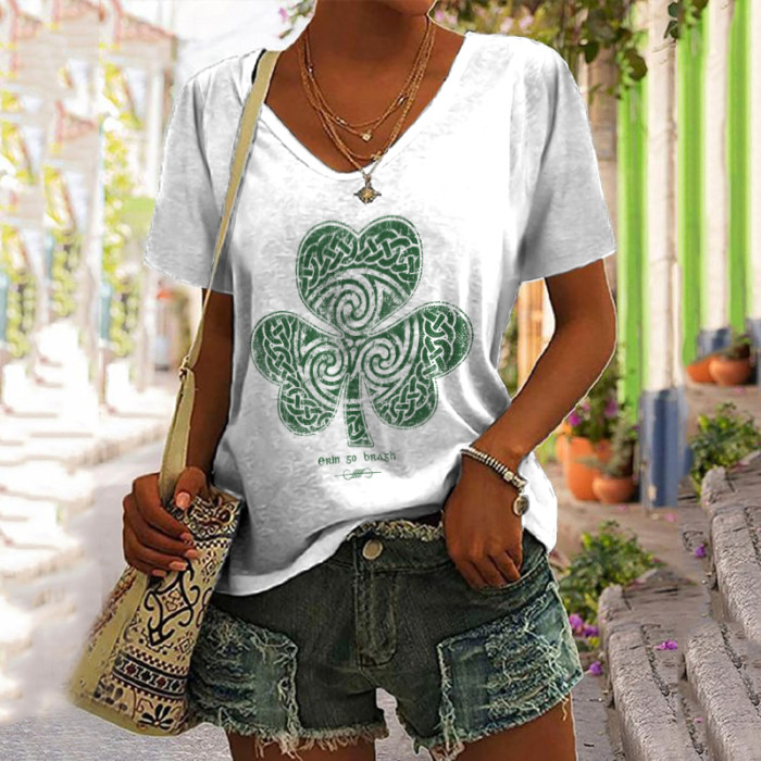 Women'S St. Patrick'S Day Clover Print V neck T-shirt