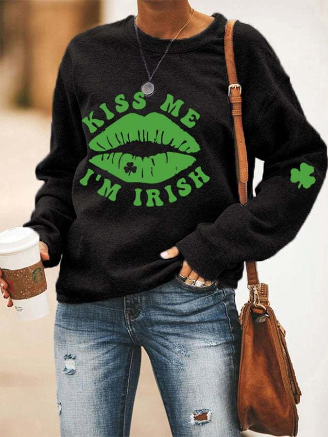 Women's St. Patrick's Day Kiss Me I'm Irish Shamrock Casual Sweatshirt