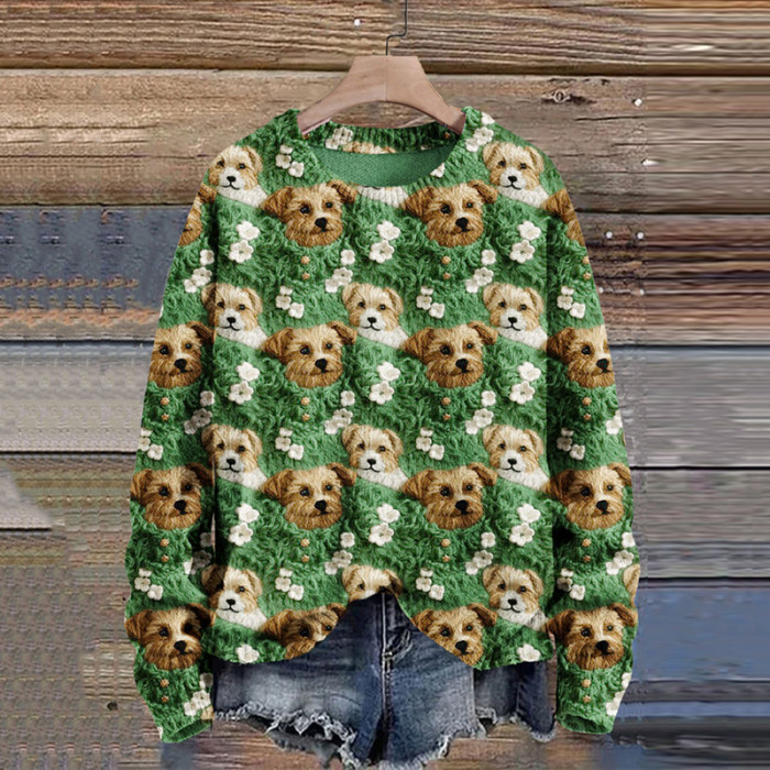 St. Patrick's Day Dog Art Print Knit Pullover Sweater
