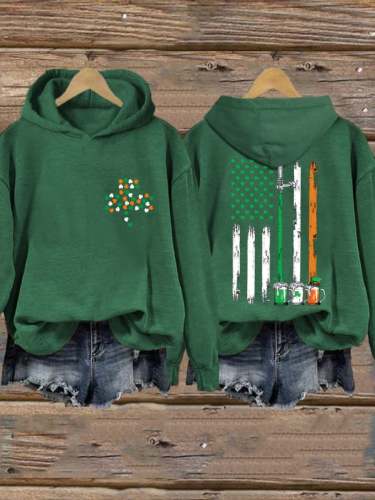 Women's St. Patrick's Clover Flag Printed Hooded Sweatshirt