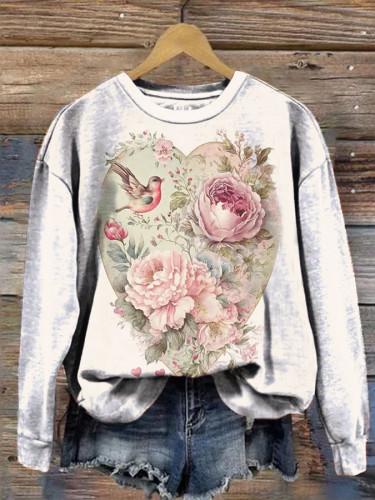 Retro Floral Hummingbird Love Crew Neck Sweatshirt