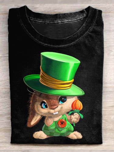 St. Patrick's Day Cute Rabbit Illustration Printed Crew Neck T-Shirt