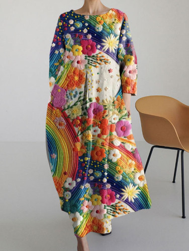 Colorful Embroidered Floral Art Vintage Long Sleeve Midi Dress