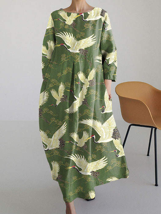 Tsurumatsu Japanese Traditional Pattern Long-sleeved Midi Dress